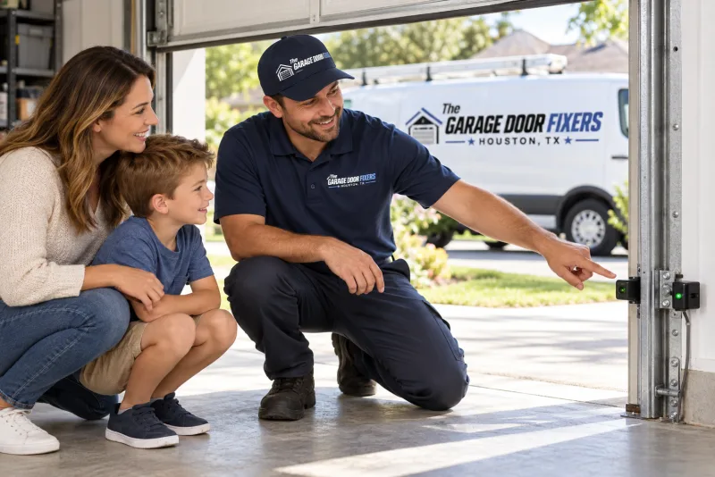 Garage door safety eye that is broken in Fulshear, TX: showing a family the safety sensors