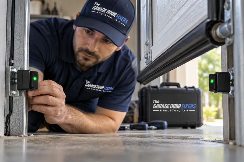 Garage door safety eye that is broken in Hufsmith, TX: aligning the photo eye sensors