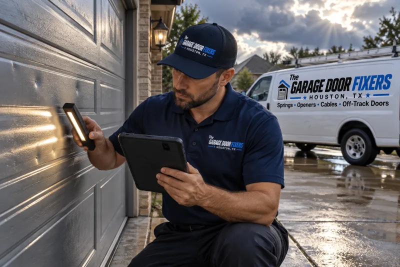 Garage door with a dent in it in Arcola, TX: inspecting hail damage