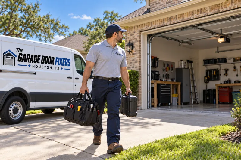 Your garage door got banged up in Shadow Creek Ranch, TX: technician arriving at the home