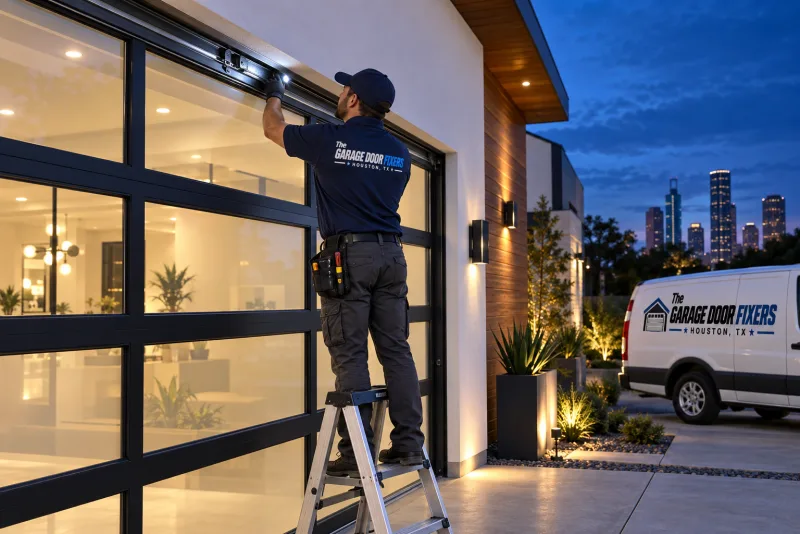 Putting in a new garage door in Hedwig Village, TX: a modern glass garage door