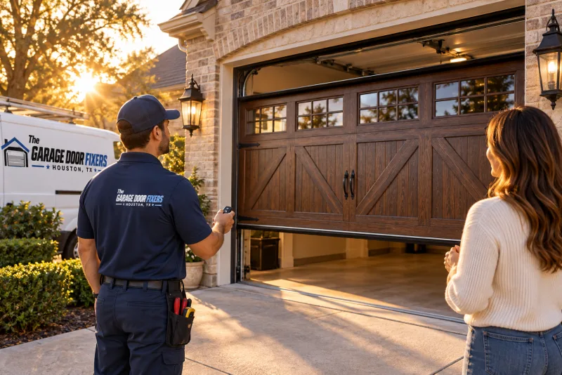 Putting in a new garage door in Montrose, TX: a new wood carriage door