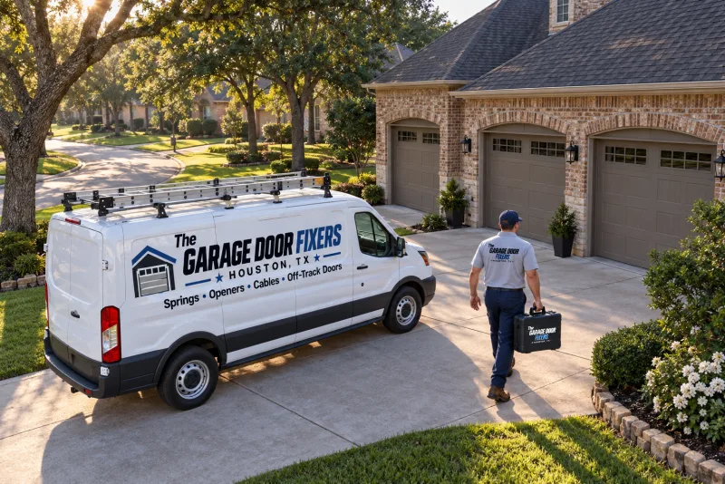 Your garage door's motor unit quit working in Bonney, TX: the service truck arriving, seen from above