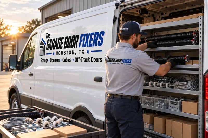 Garage door section repair work in Nassau Bay, TX: loading parts for the day