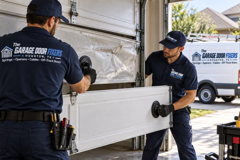Putting in a new garage door panel in Stagecoach, TX: replacing a damaged panel