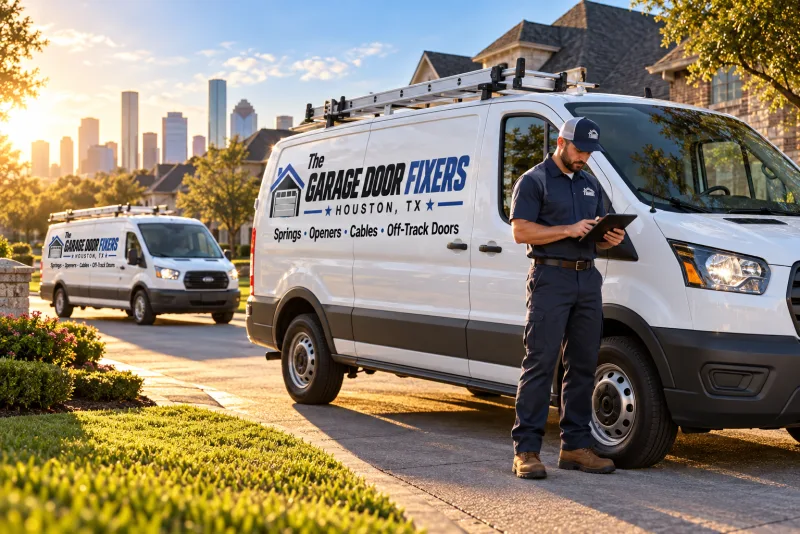 Clicker fails to shut the garage door in Brookshire, TX: service trucks arriving at sunrise