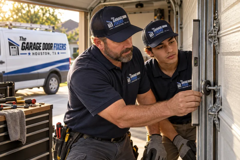 Local garage door repair in Conroe, TX: a technician and apprentice on the job