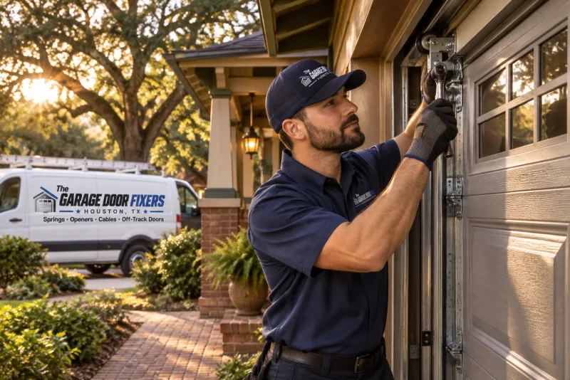 Crooked rail on a garage door in Patton Village, TX: a door upgrade on a historic bungalow